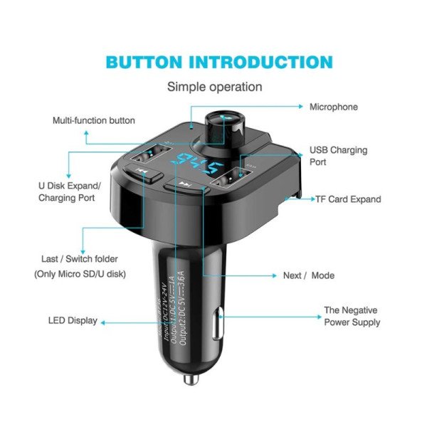 Automobilinis FM Moduliatorius / Laisvų Rankų Įranga / Bluetooth / USB / SD / 3.1A