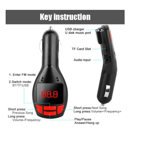 Automobilinis FM Moduliatorius / Aux / Bluetooth / USB / SD / 1A