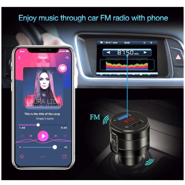 Automobilinis FM Moduliatorius / Laisvų Rankų Įranga / Bluetooth / USB / Juodas
