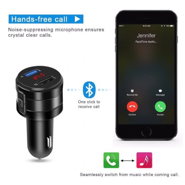 Automobilinis FM Moduliatorius / Laisvų Rankų Įranga / Bluetooth / USB / Juodas