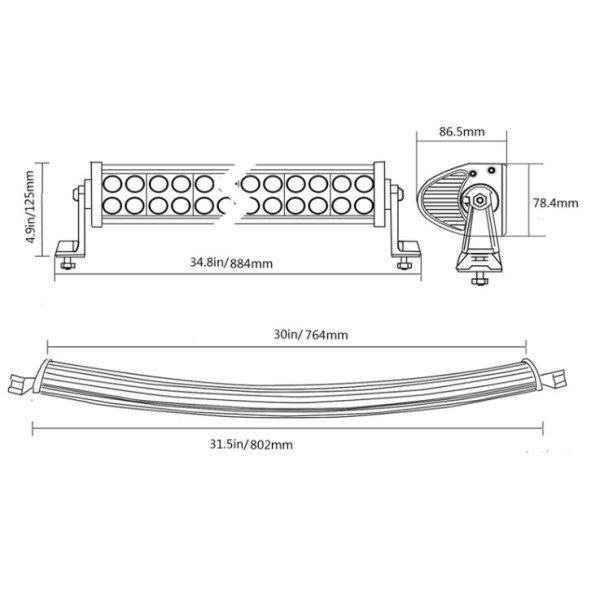 LED BAR Žibintas Lenktas 180W 12-24V COMBO 82cm