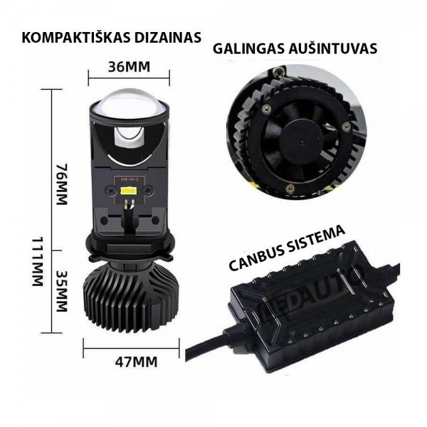 H4 MINI LED Sistema Fokusuojanti Spindulį 5000LM CANBUS 12-24V, 30W priekiniams žibintams
